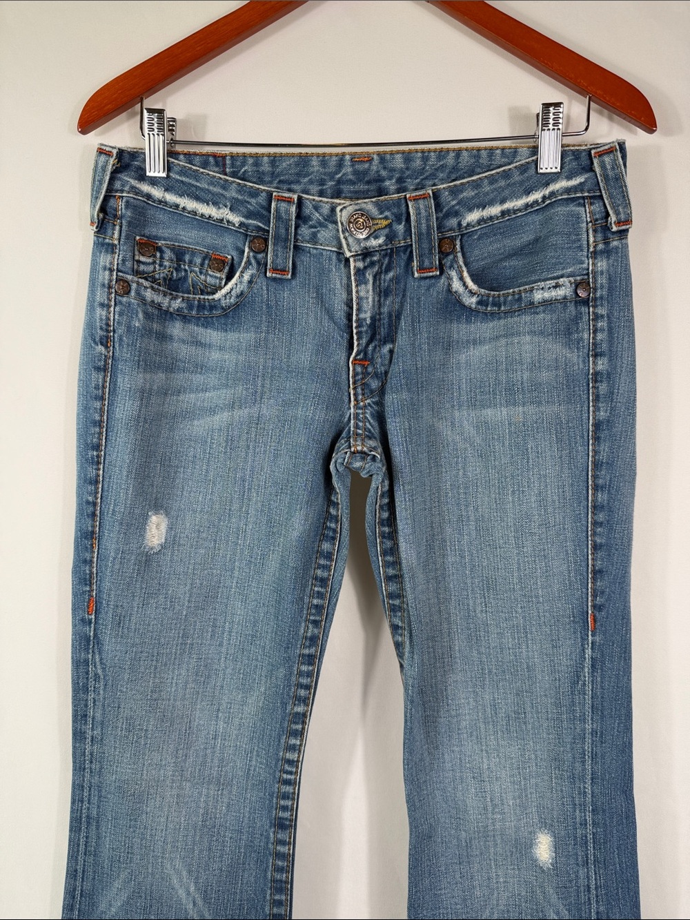 True Religion Y2K Light Blue Flared Jeans with Subtle Distress Size 29. Worn Hem - Picture 4 of 12